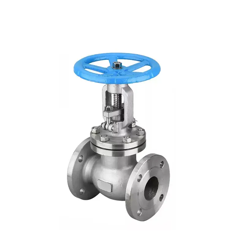 Válvula globo flangeada manual de aço inoxidável, Vista frontal mostrando o volante e a estrutura da carroceria