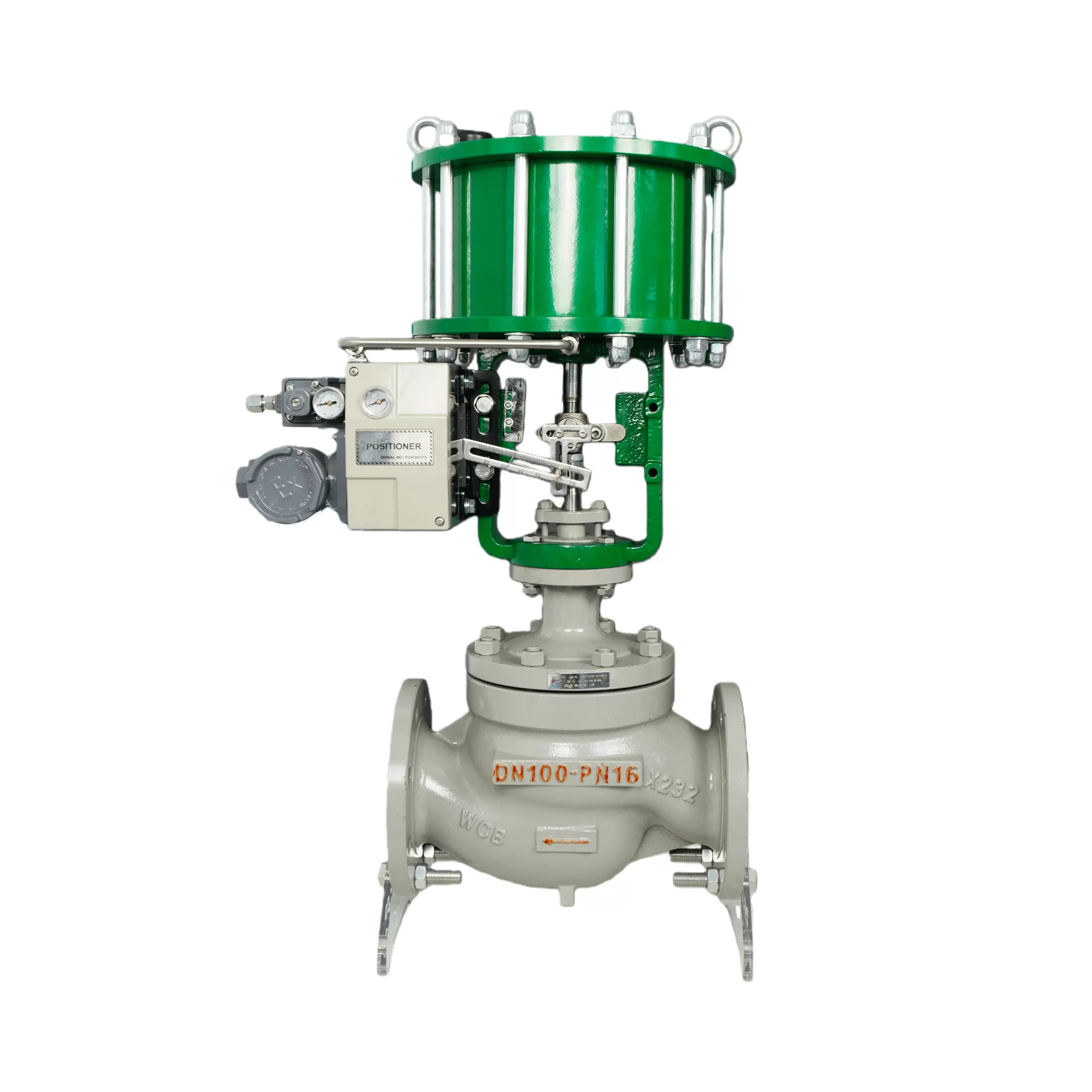 Vista lateral da válvula de globo pneumática de controle dupla ZJHM com posicionador