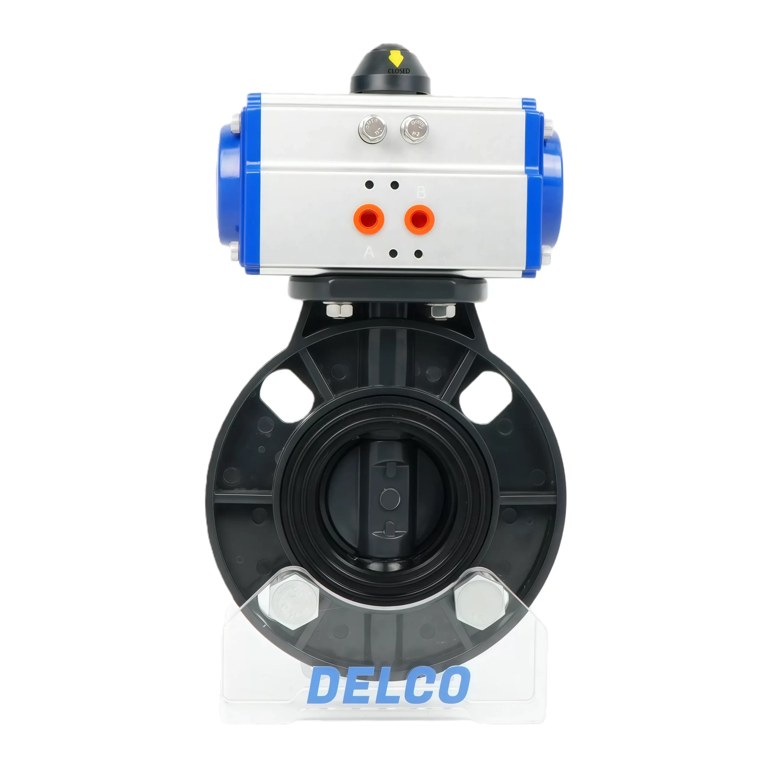 Vista frontal de uma válvula borboleta pneumática de wafer UPVC com atuador, mostrando o corpo da válvula e a estrutura do disco.