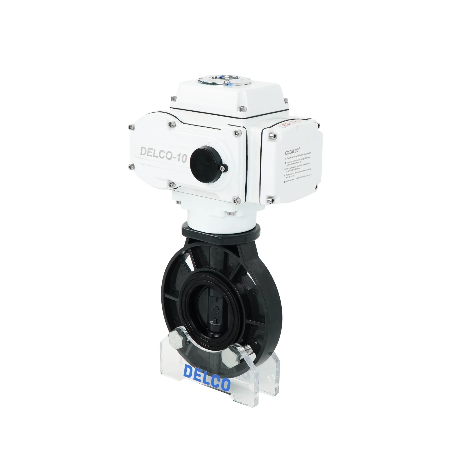 Vista lateral direita da válvula borboleta elétrica UPVC DK56-PB mostrando conexão do atuador e detalhes do corpo da válvula.